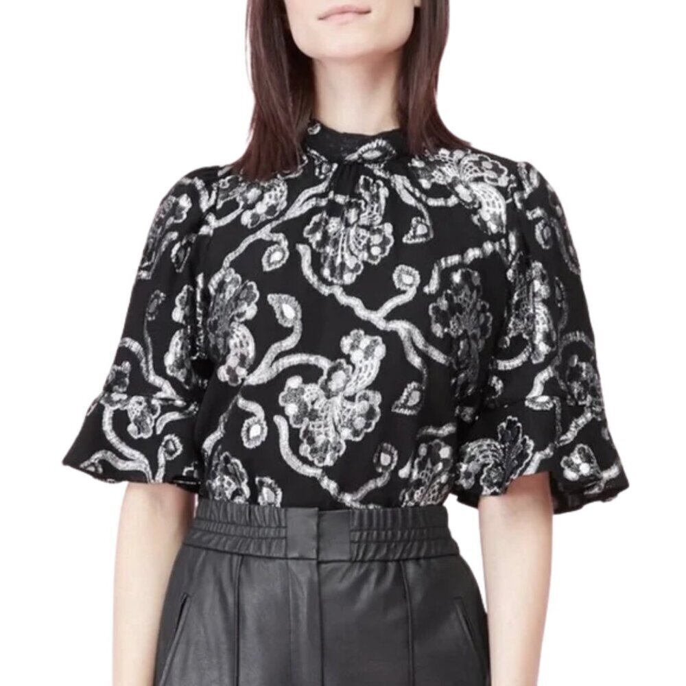 NWT Rebecca Taylor Lily Lurex Clip Silk Top w/ Ruffle Sleeves Sz. 8